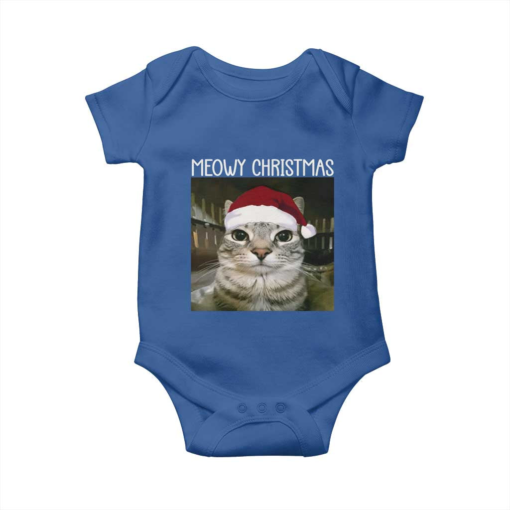 Meowy Christmas Baby Onesie Xmas Silly Staring Cat Meme Santa Hat - Wonder Print Shop