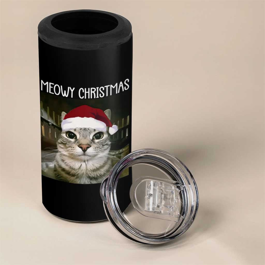 Meowy Christmas 4 in 1 Can Cooler Tumbler Xmas Silly Staring Cat Meme Santa Hat - Wonder Print Shop