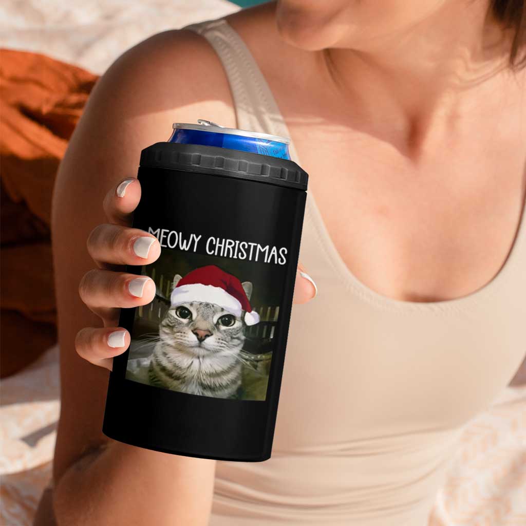 Meowy Christmas 4 in 1 Can Cooler Tumbler Xmas Silly Staring Cat Meme Santa Hat - Wonder Print Shop