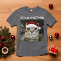 Meowy Christmas T Shirt Xmas Silly Staring Cat Meme Santa Hat - Wonder Print Shop