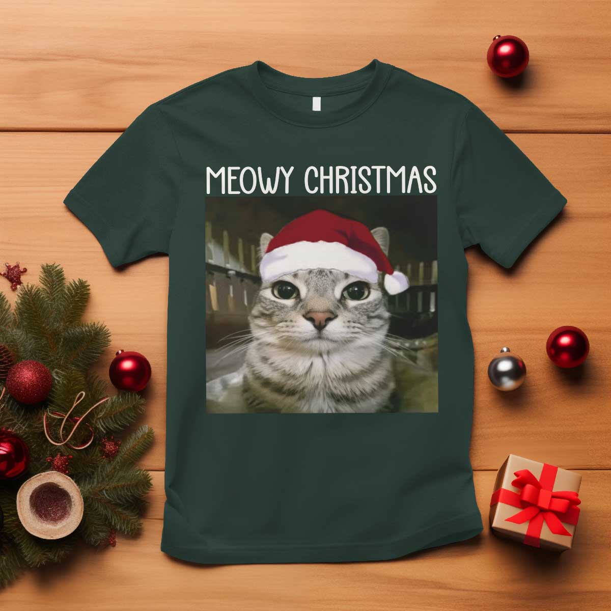 Meowy Christmas T Shirt Xmas Silly Staring Cat Meme Santa Hat - Wonder Print Shop