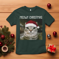 Meowy Christmas T Shirt Xmas Silly Staring Cat Meme Santa Hat - Wonder Print Shop