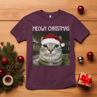 Meowy Christmas T Shirt Xmas Silly Staring Cat Meme Santa Hat - Wonder Print Shop