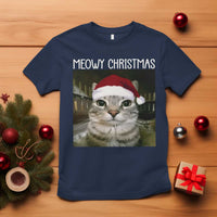 Meowy Christmas T Shirt Xmas Silly Staring Cat Meme Santa Hat - Wonder Print Shop