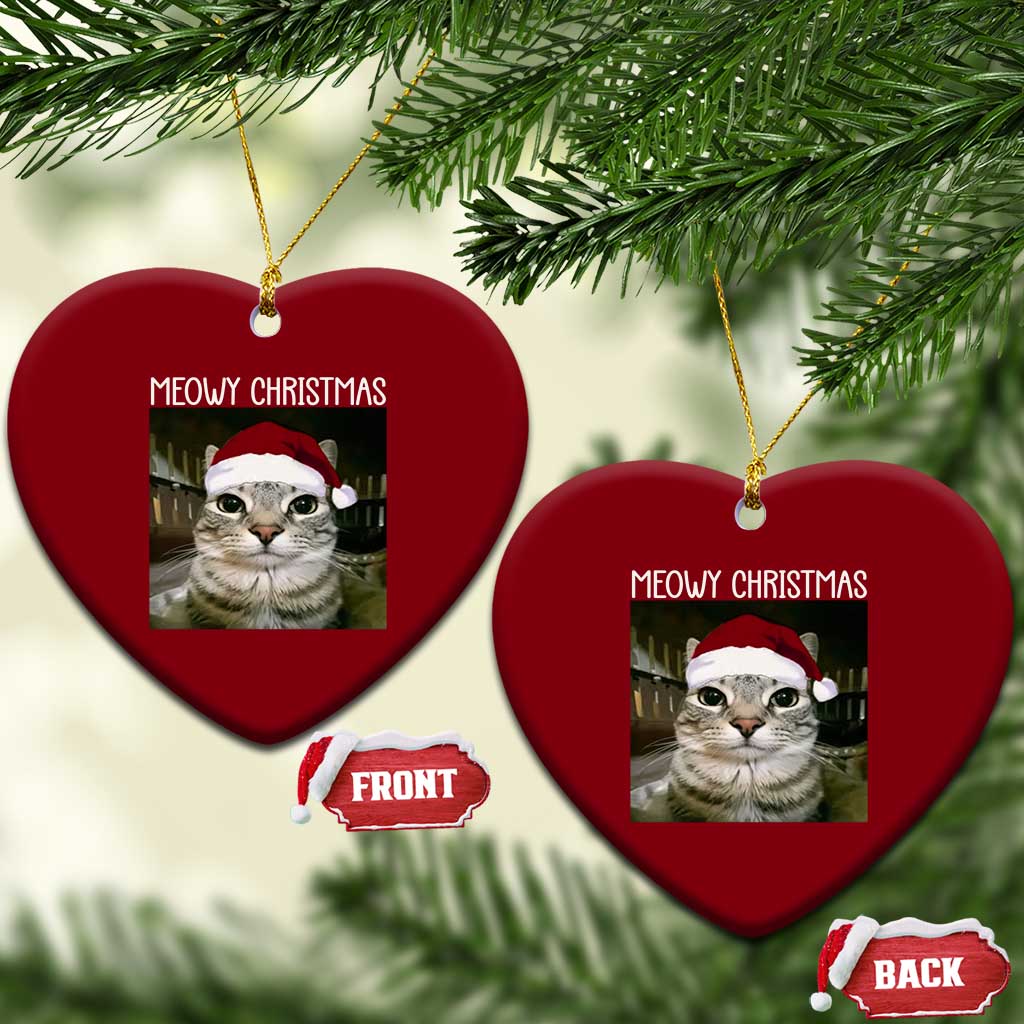 Meowy Christmas Ceramic Ornament Xmas Silly Staring Cat Meme Santa Hat - Wonder Print Shop