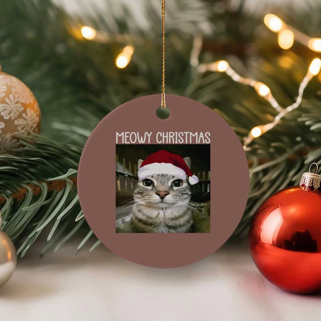 Meowy Christmas Ceramic Ornament Xmas Silly Staring Cat Meme Santa Hat - Wonder Print Shop