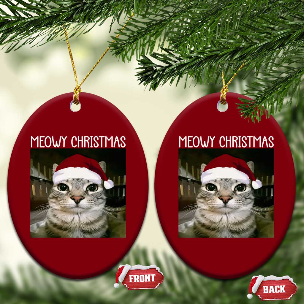Meowy Christmas Ceramic Ornament Xmas Silly Staring Cat Meme Santa Hat - Wonder Print Shop