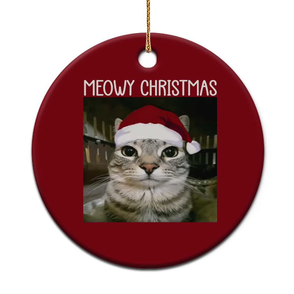 Meowy Christmas Ceramic Ornament Xmas Silly Staring Cat Meme Santa Hat - Wonder Print Shop