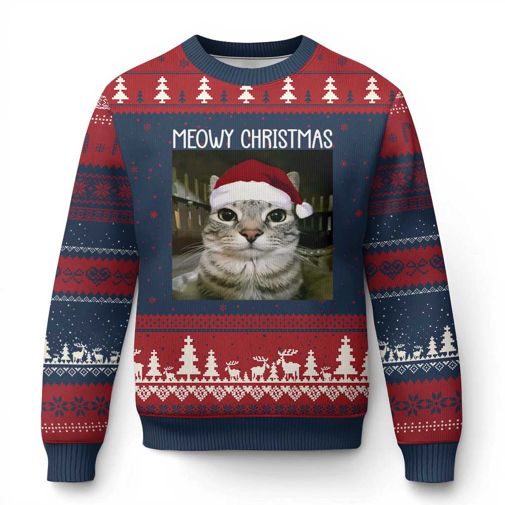 Meowy Xmas Ugly Christmas Sweater Xmas Silly Staring Cat Meme Santa Hat - Wonder Print Shop