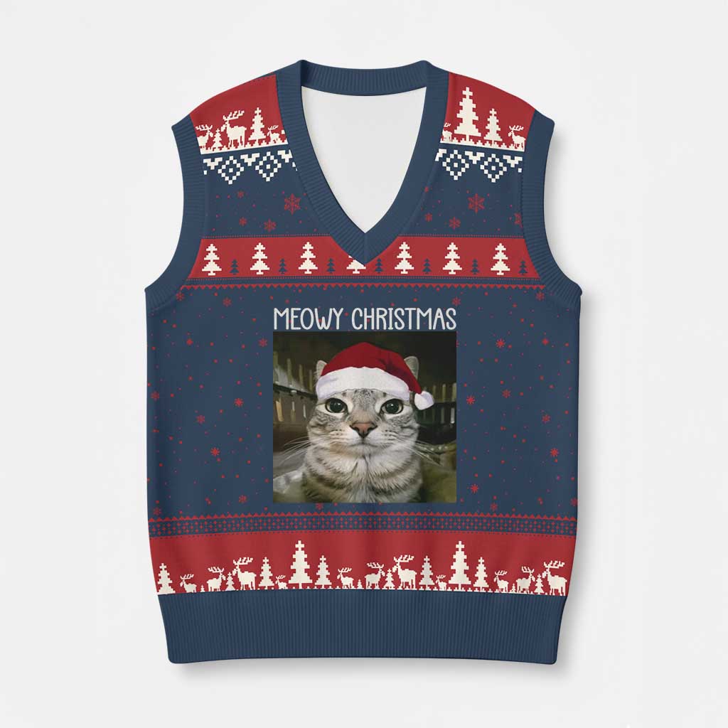 Meowy Xmas V-Neck Knit Sweater Vest Xmas Silly Staring Cat Meme Santa Hat - Wonder Print Shop