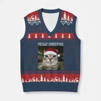 Meowy Xmas V-Neck Knit Sweater Vest Xmas Silly Staring Cat Meme Santa Hat - Wonder Print Shop