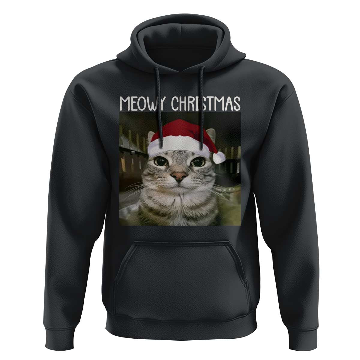 Meowy Christmas Hoodie Xmas Silly Staring Cat Meme Santa Hat - Wonder Print Shop