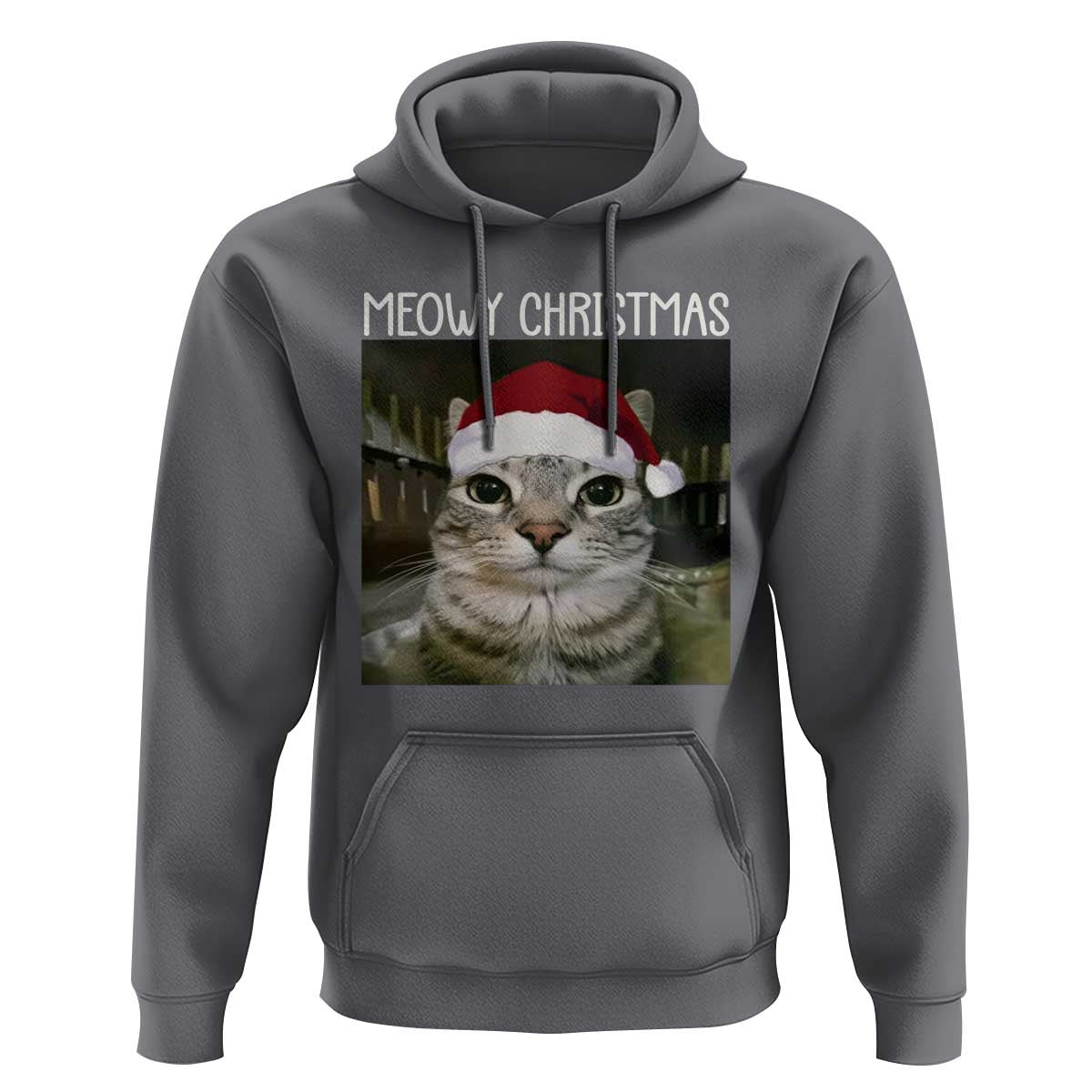 Meowy Christmas Hoodie Xmas Silly Staring Cat Meme Santa Hat - Wonder Print Shop