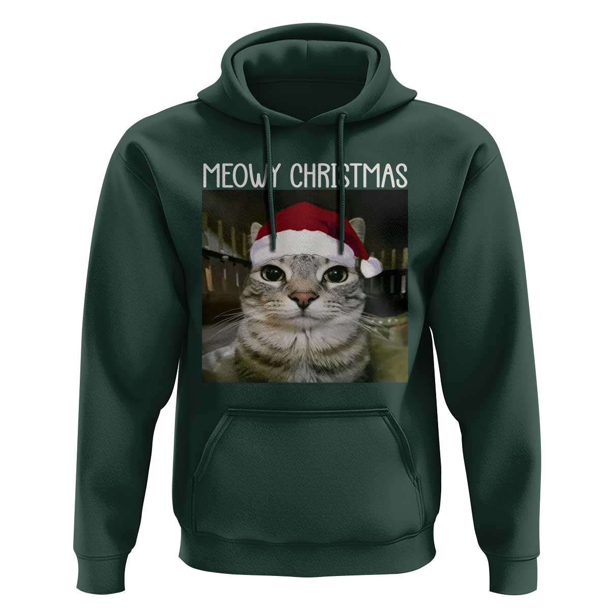 Meowy Christmas Hoodie Xmas Silly Staring Cat Meme Santa Hat - Wonder Print Shop