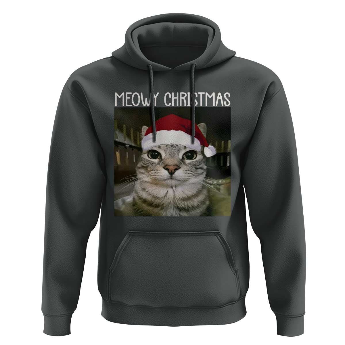 Meowy Christmas Hoodie Xmas Silly Staring Cat Meme Santa Hat - Wonder Print Shop