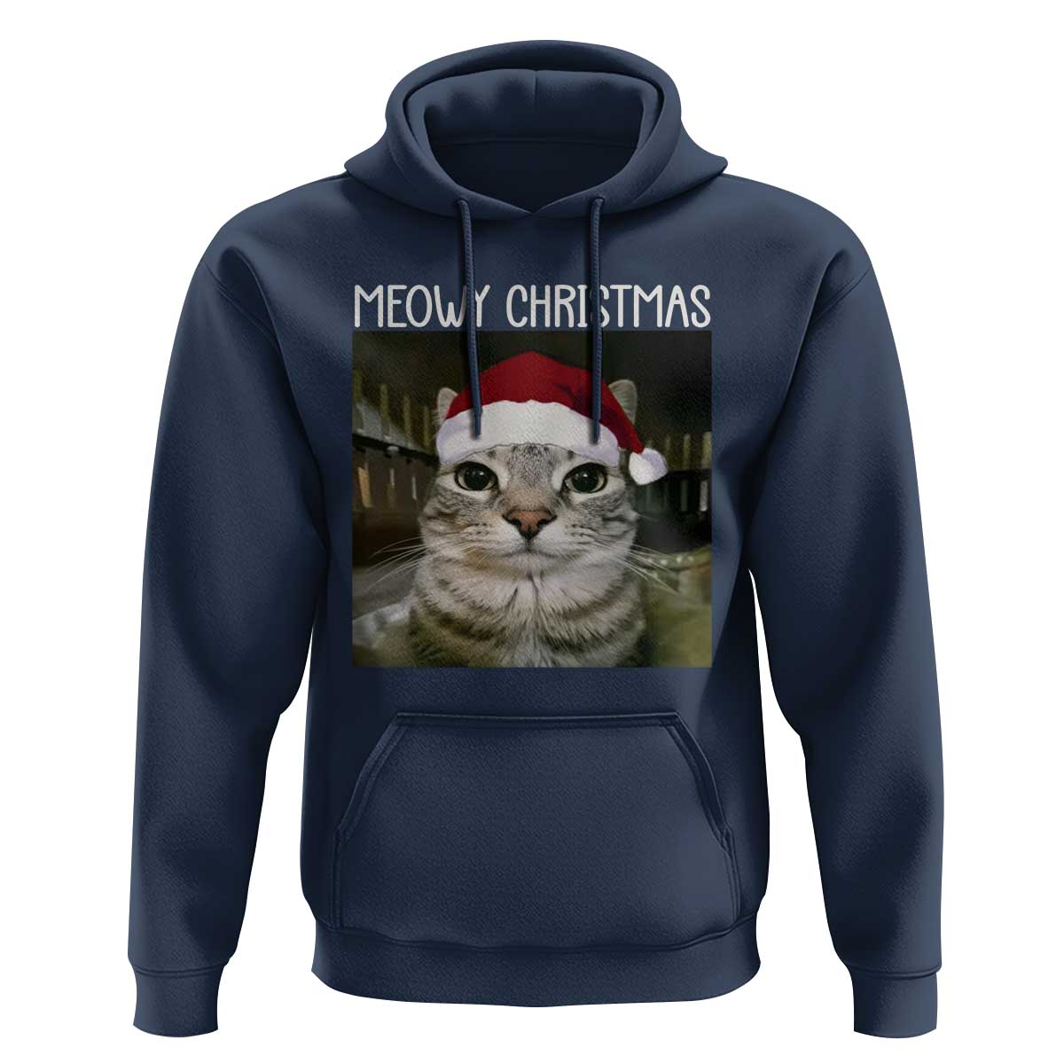 Meowy Christmas Hoodie Xmas Silly Staring Cat Meme Santa Hat - Wonder Print Shop