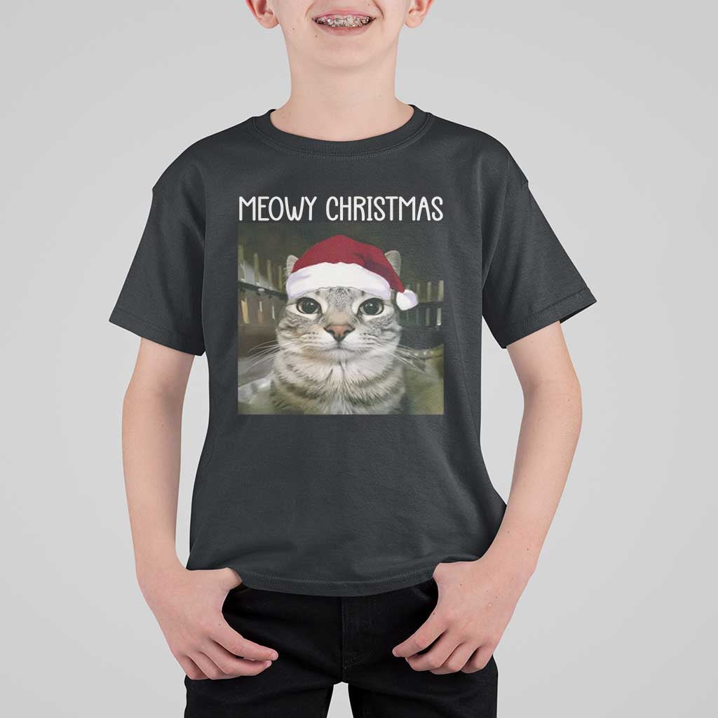 Meowy Christmas T Shirt For Kid Xmas Silly Staring Cat Meme Santa Hat - Wonder Print Shop