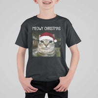 Meowy Christmas T Shirt For Kid Xmas Silly Staring Cat Meme Santa Hat - Wonder Print Shop