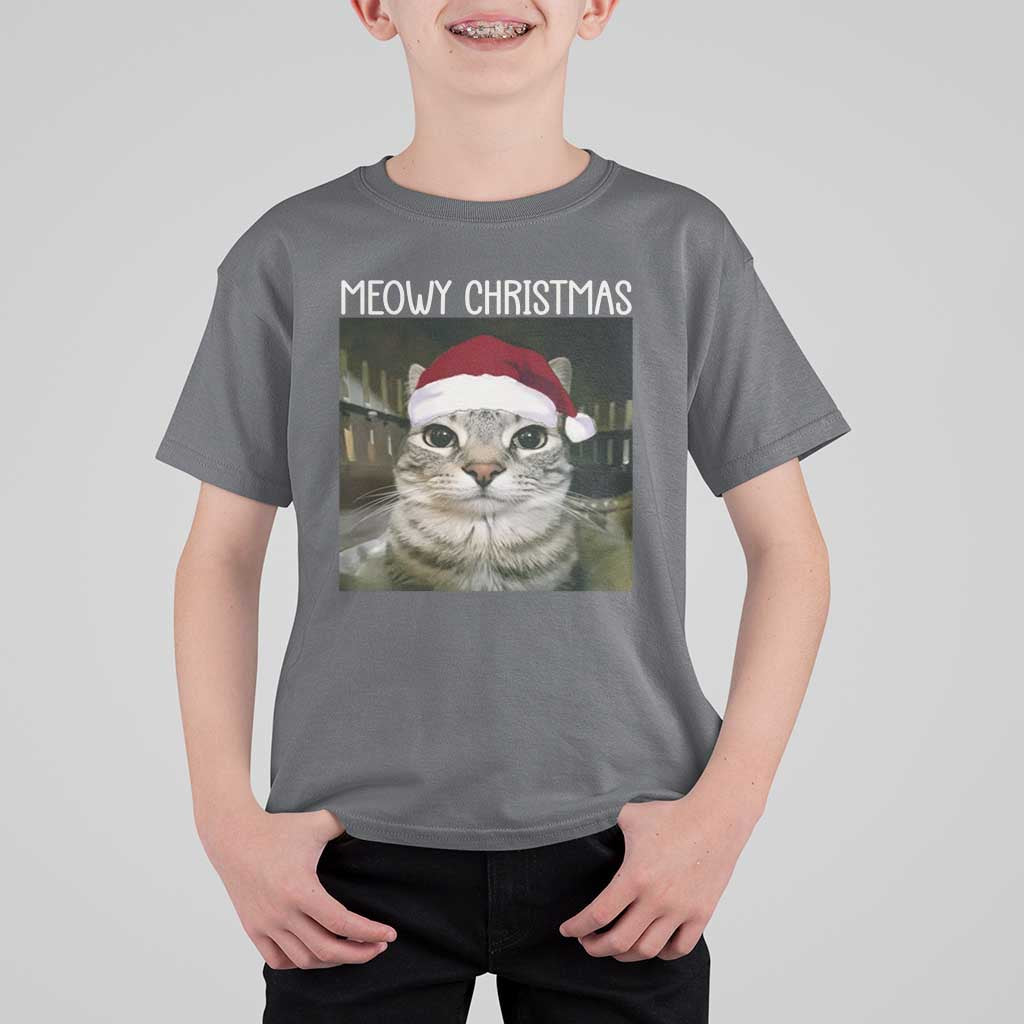 Meowy Christmas T Shirt For Kid Xmas Silly Staring Cat Meme Santa Hat - Wonder Print Shop