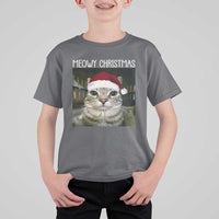 Meowy Christmas T Shirt For Kid Xmas Silly Staring Cat Meme Santa Hat - Wonder Print Shop