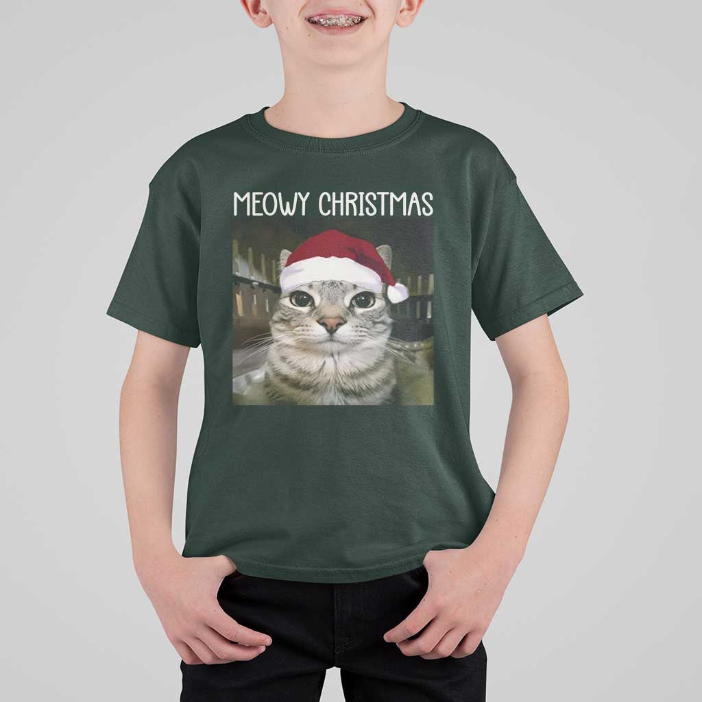 Meowy Christmas T Shirt For Kid Xmas Silly Staring Cat Meme Santa Hat - Wonder Print Shop