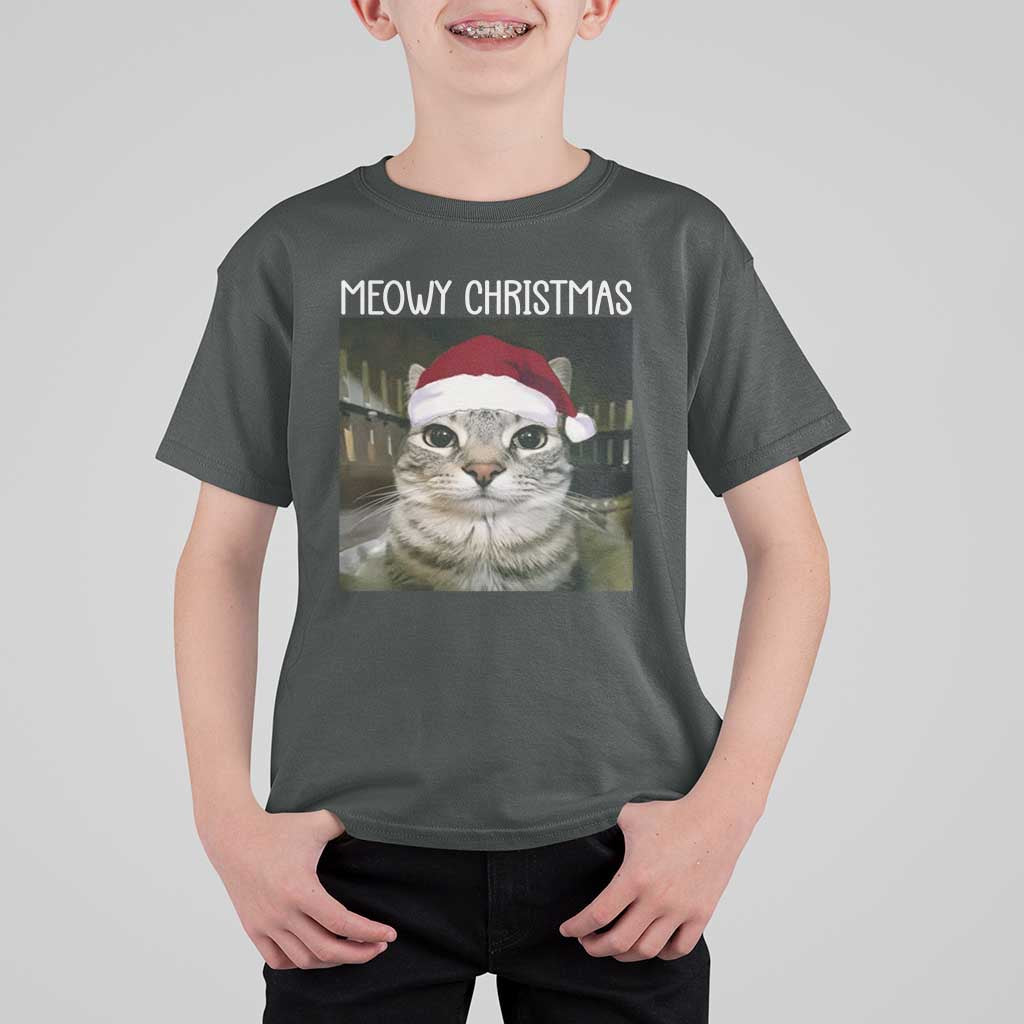 Meowy Christmas T Shirt For Kid Xmas Silly Staring Cat Meme Santa Hat - Wonder Print Shop