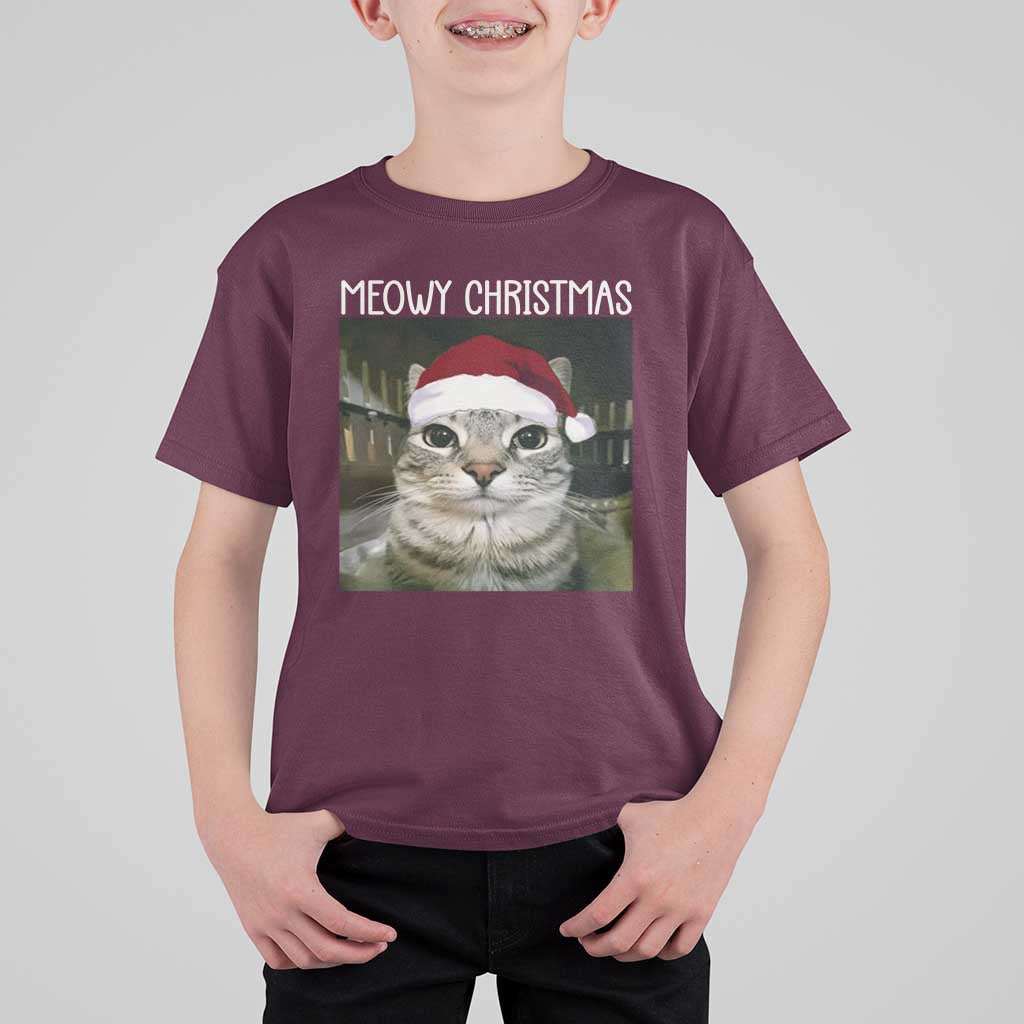Meowy Christmas T Shirt For Kid Xmas Silly Staring Cat Meme Santa Hat - Wonder Print Shop