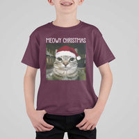 Meowy Christmas T Shirt For Kid Xmas Silly Staring Cat Meme Santa Hat - Wonder Print Shop