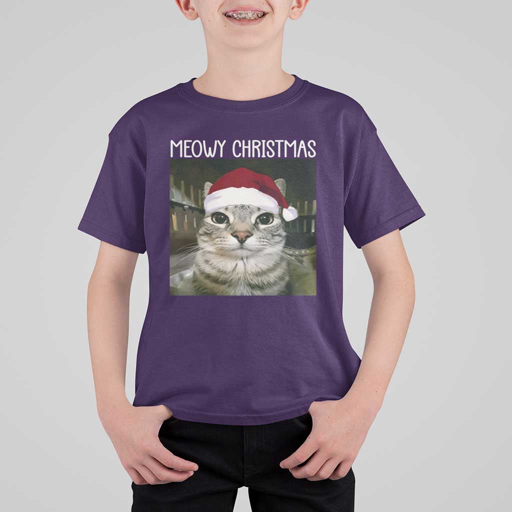 Meowy Christmas T Shirt For Kid Xmas Silly Staring Cat Meme Santa Hat - Wonder Print Shop