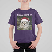 Meowy Christmas T Shirt For Kid Xmas Silly Staring Cat Meme Santa Hat - Wonder Print Shop