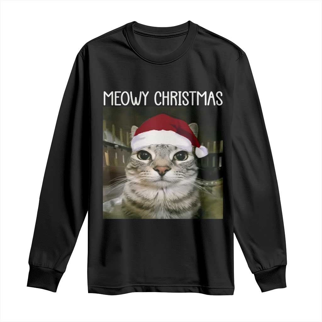 Meowy Christmas Long Sleeve Shirt Xmas Silly Staring Cat Meme Santa Hat - Wonder Print Shop
