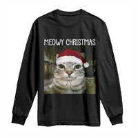 Meowy Christmas Long Sleeve Shirt Xmas Silly Staring Cat Meme Santa Hat - Wonder Print Shop