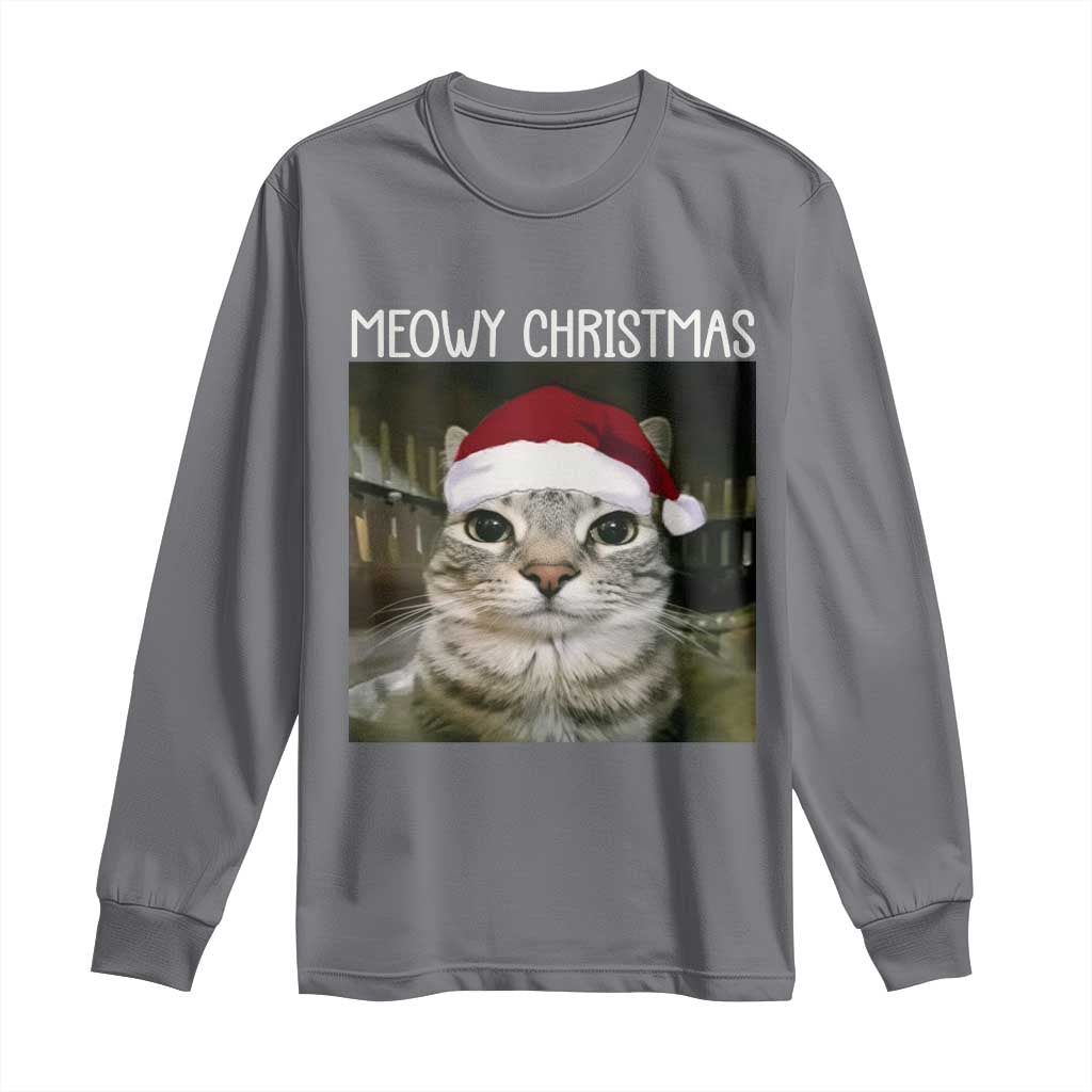 Meowy Christmas Long Sleeve Shirt Xmas Silly Staring Cat Meme Santa Hat - Wonder Print Shop