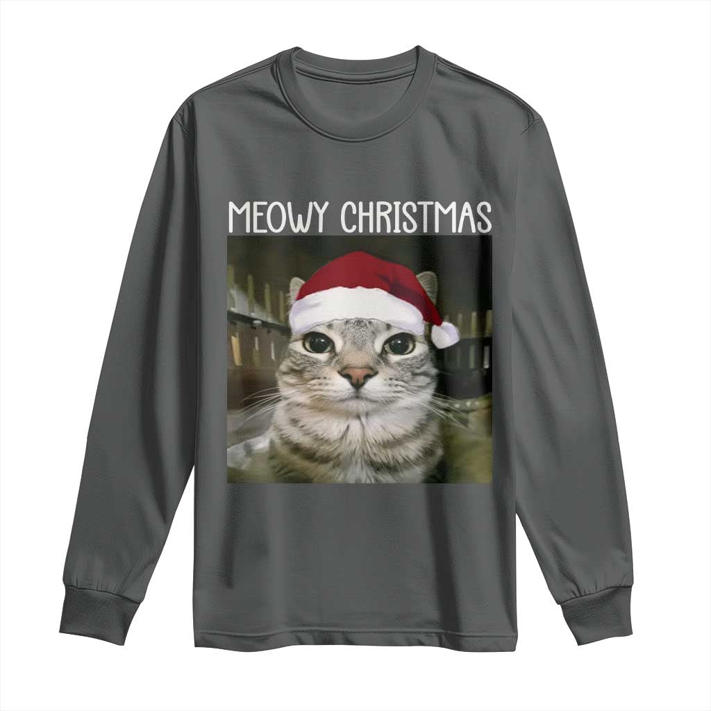 Meowy Christmas Long Sleeve Shirt Xmas Silly Staring Cat Meme Santa Hat - Wonder Print Shop