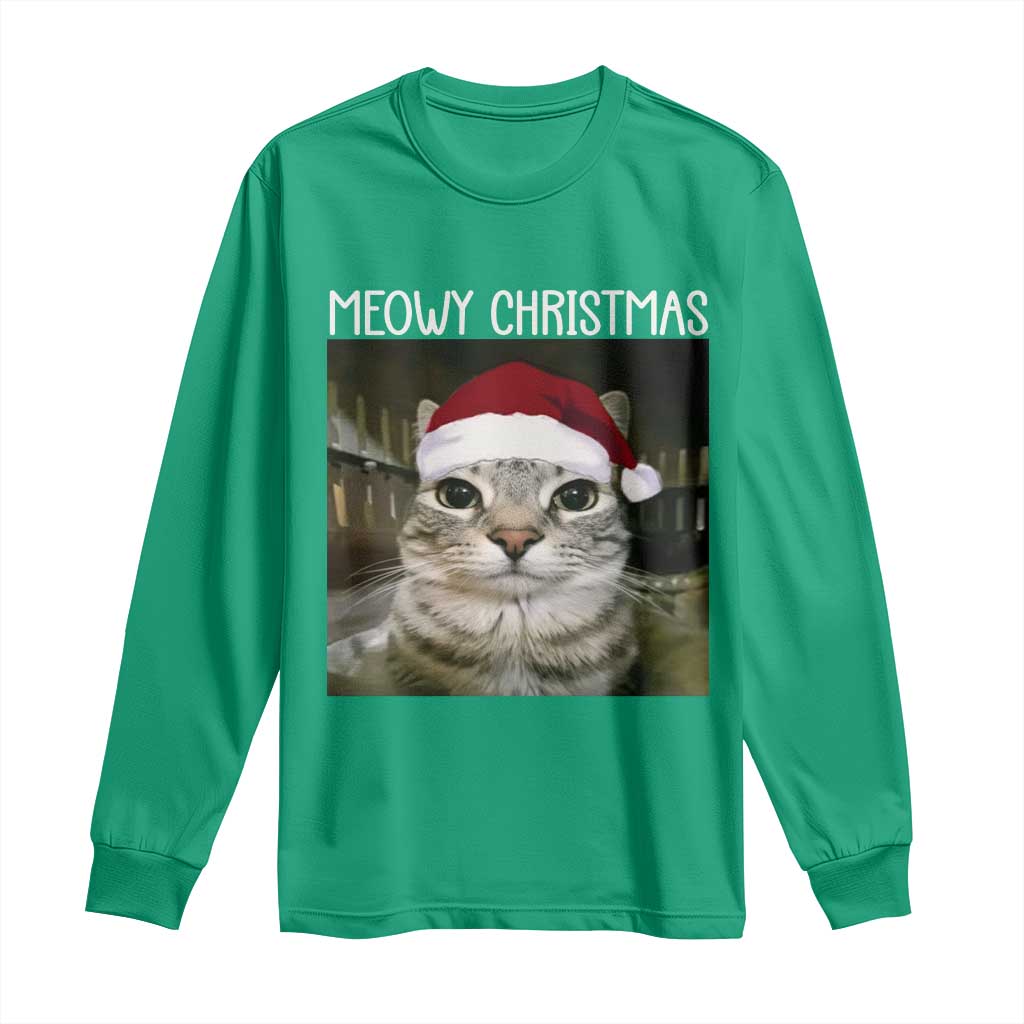 Meowy Christmas Long Sleeve Shirt Xmas Silly Staring Cat Meme Santa Hat - Wonder Print Shop