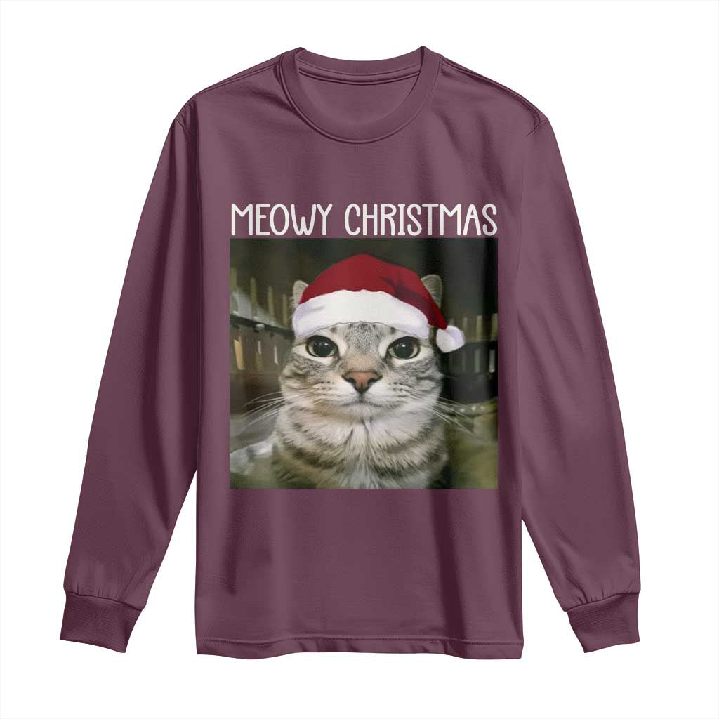 Meowy Christmas Long Sleeve Shirt Xmas Silly Staring Cat Meme Santa Hat - Wonder Print Shop