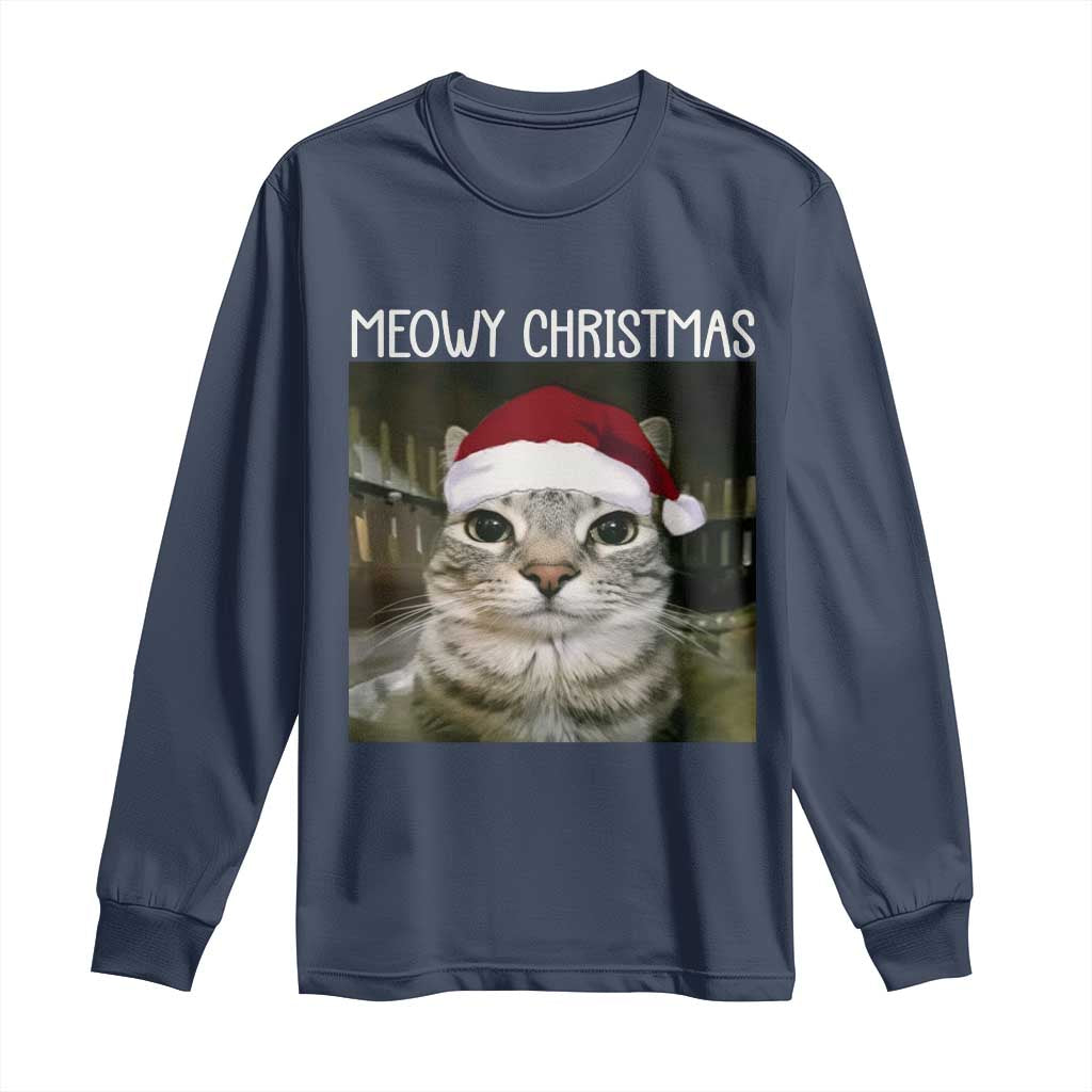 Meowy Christmas Long Sleeve Shirt Xmas Silly Staring Cat Meme Santa Hat - Wonder Print Shop
