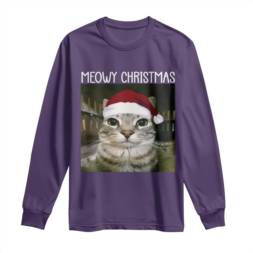 Meowy Christmas Long Sleeve Shirt Xmas Silly Staring Cat Meme Santa Hat - Wonder Print Shop