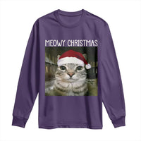 Meowy Christmas Long Sleeve Shirt Xmas Silly Staring Cat Meme Santa Hat - Wonder Print Shop