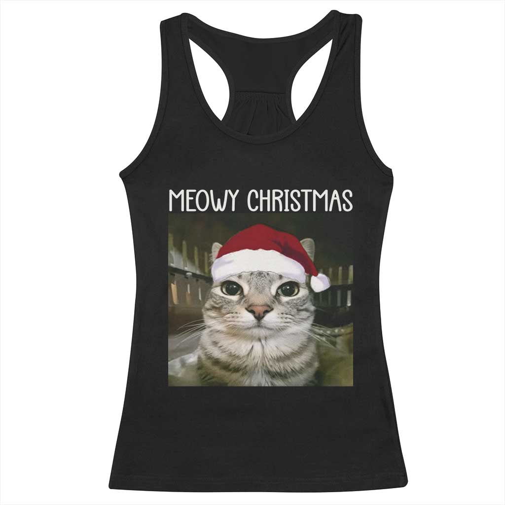 Meowy Christmas Racerback Tank Top Xmas Silly Staring Cat Meme Santa Hat - Wonder Print Shop