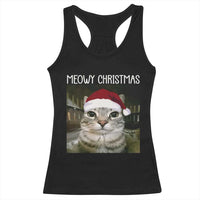 Meowy Christmas Racerback Tank Top Xmas Silly Staring Cat Meme Santa Hat - Wonder Print Shop