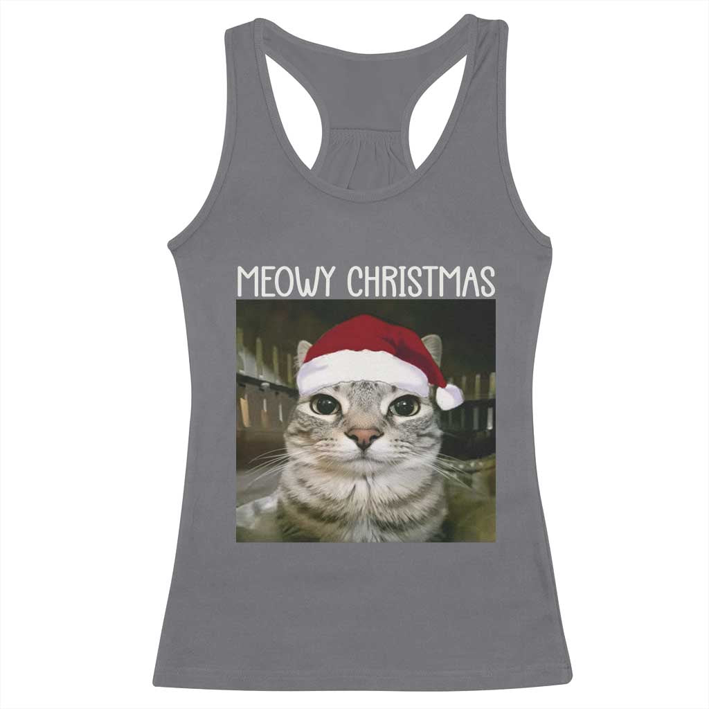 Meowy Christmas Racerback Tank Top Xmas Silly Staring Cat Meme Santa Hat - Wonder Print Shop