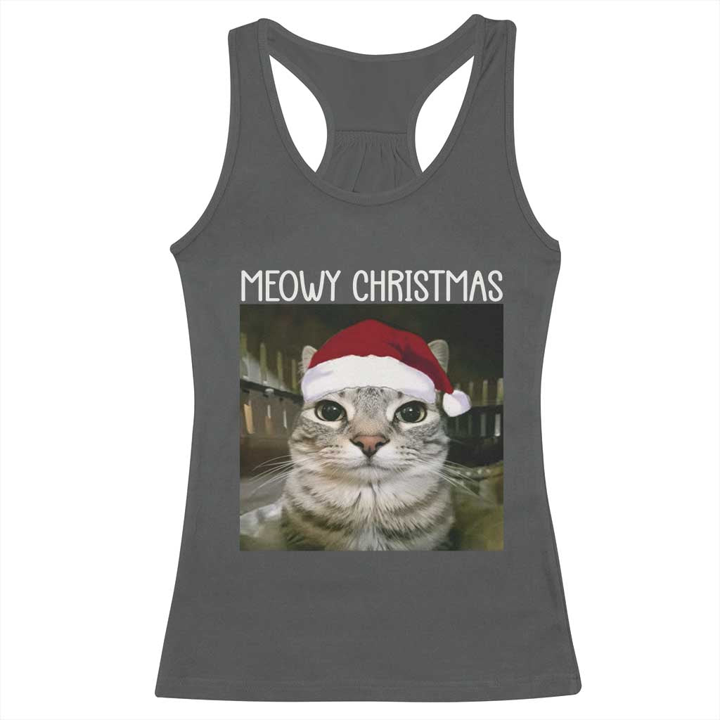 Meowy Christmas Racerback Tank Top Xmas Silly Staring Cat Meme Santa Hat - Wonder Print Shop
