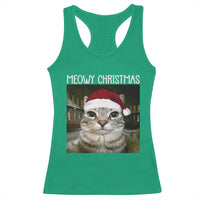Meowy Christmas Racerback Tank Top Xmas Silly Staring Cat Meme Santa Hat - Wonder Print Shop