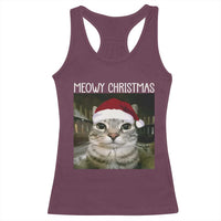 Meowy Christmas Racerback Tank Top Xmas Silly Staring Cat Meme Santa Hat - Wonder Print Shop