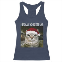 Meowy Christmas Racerback Tank Top Xmas Silly Staring Cat Meme Santa Hat - Wonder Print Shop
