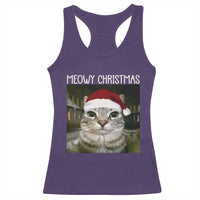 Meowy Christmas Racerback Tank Top Xmas Silly Staring Cat Meme Santa Hat - Wonder Print Shop