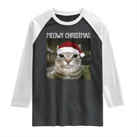 Meowy Christmas Raglan Shirt Xmas Silly Staring Cat Meme Santa Hat - Wonder Print Shop