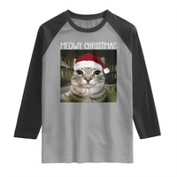Meowy Christmas Raglan Shirt Xmas Silly Staring Cat Meme Santa Hat - Wonder Print Shop