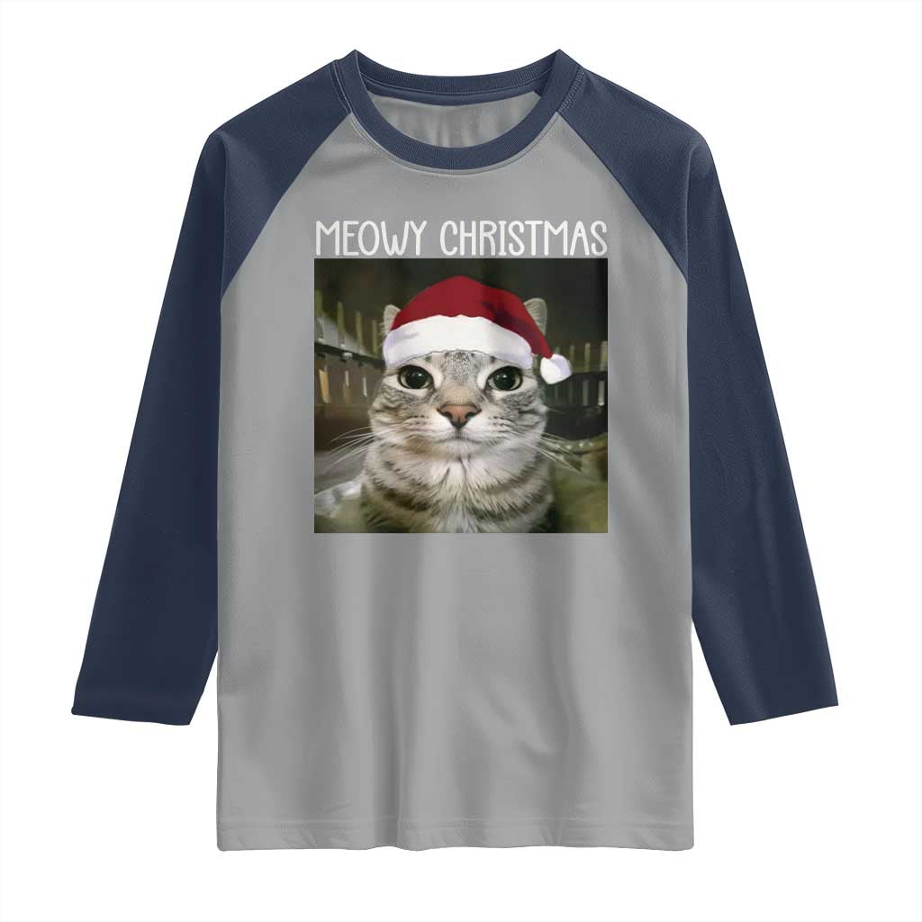 Meowy Christmas Raglan Shirt Xmas Silly Staring Cat Meme Santa Hat - Wonder Print Shop